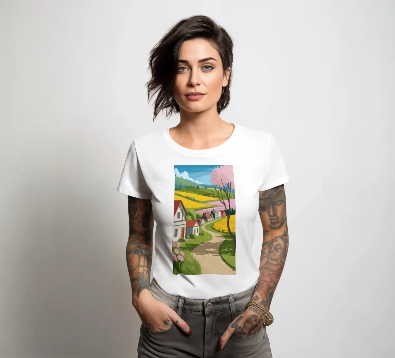 Charming Village Path women's fitted t-shirt by Fine Sanctuary