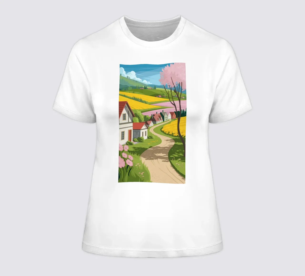 Charming Village Path women's fitted t-shirt by Fine Sanctuary