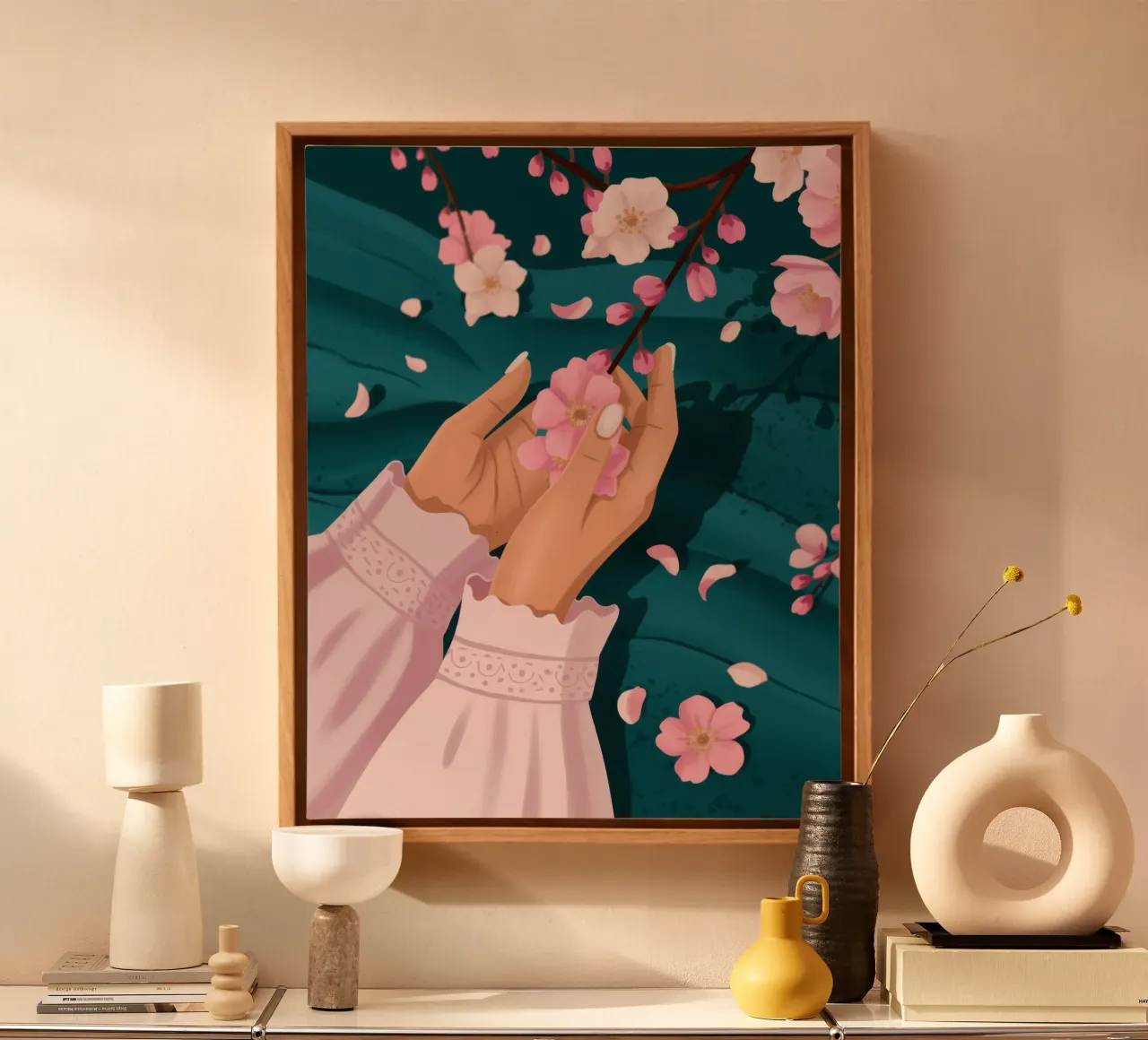 Bloesemblaadjes mijmering canvas met Baklijst van Fine Sanctuary