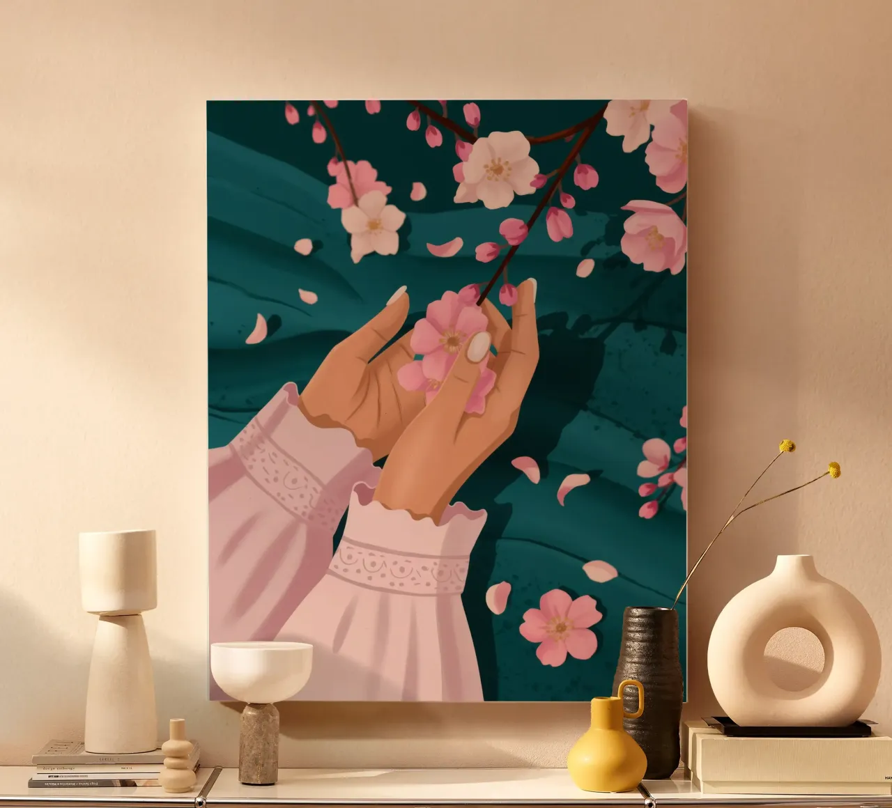Bloesemblaadjes mijmering canvas met Baklijst van Fine Sanctuary