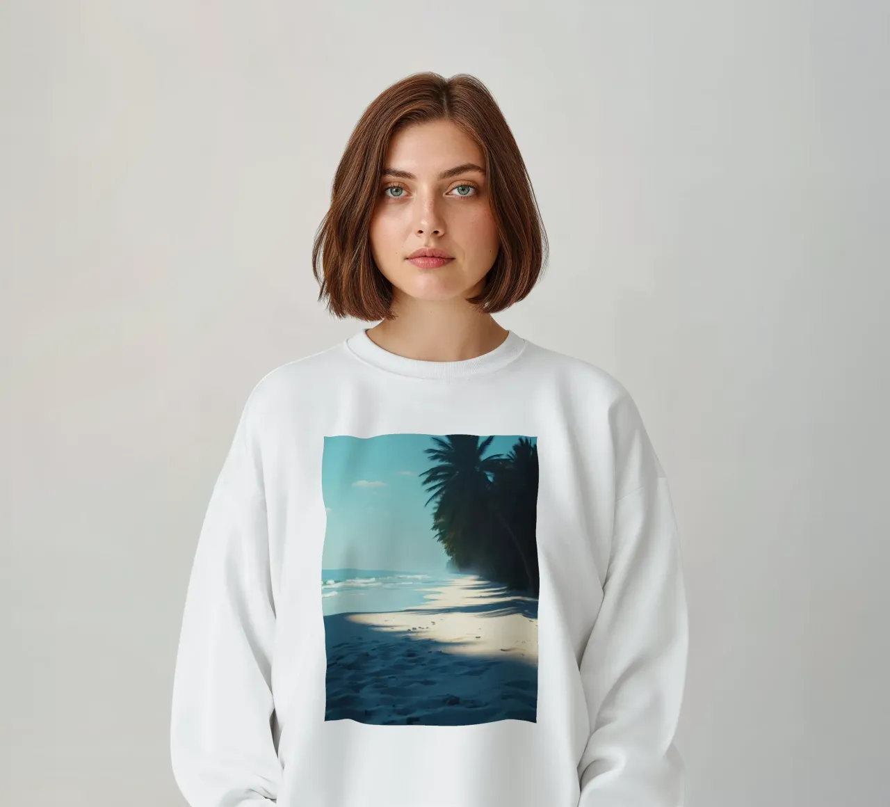 Serene beach with palm trees and gentle waves under a clear sweatshirt by DesignDoodle