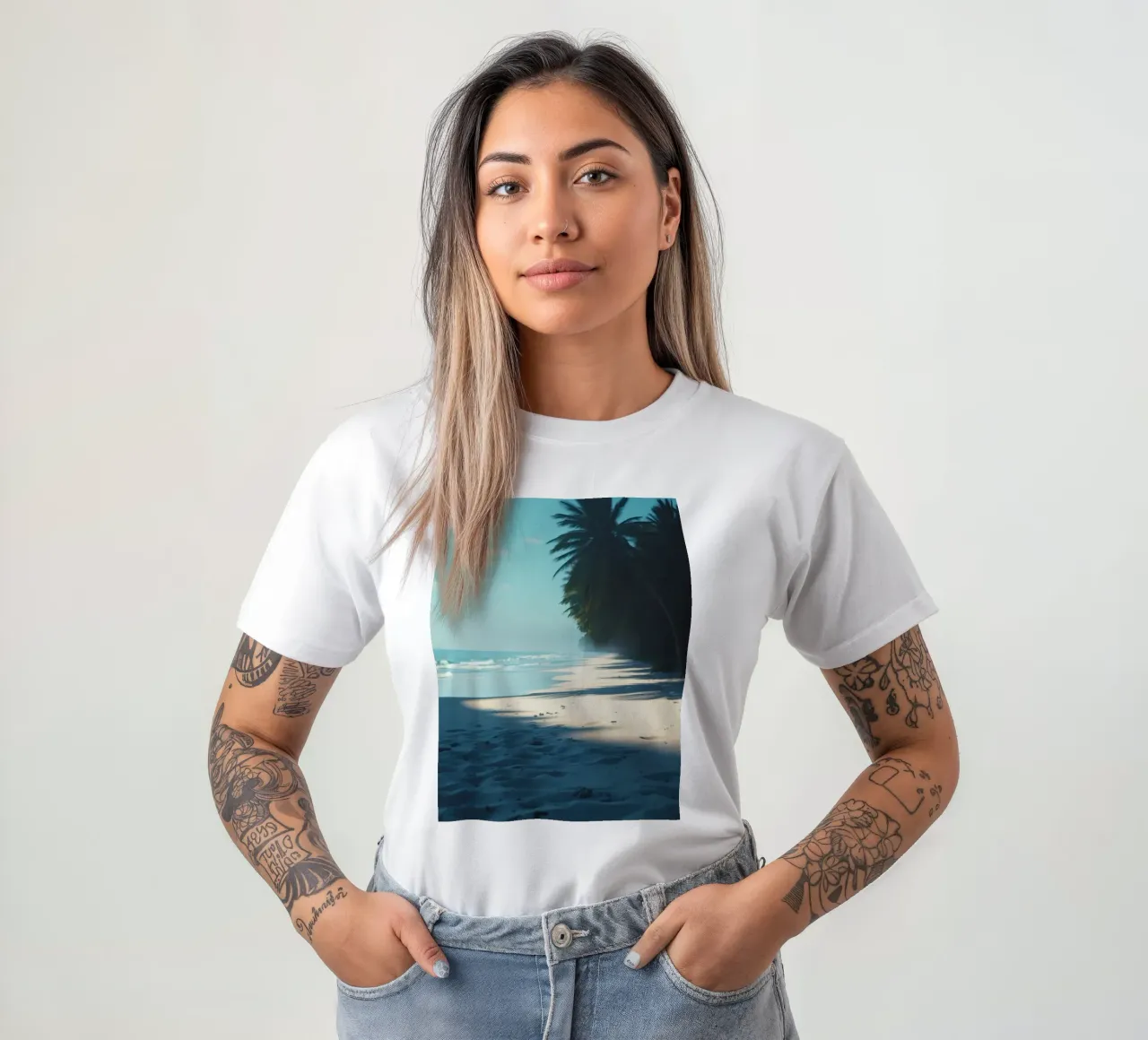Serene beach with palm trees and gentle waves under a clear t-shirt by DesignDoodle
