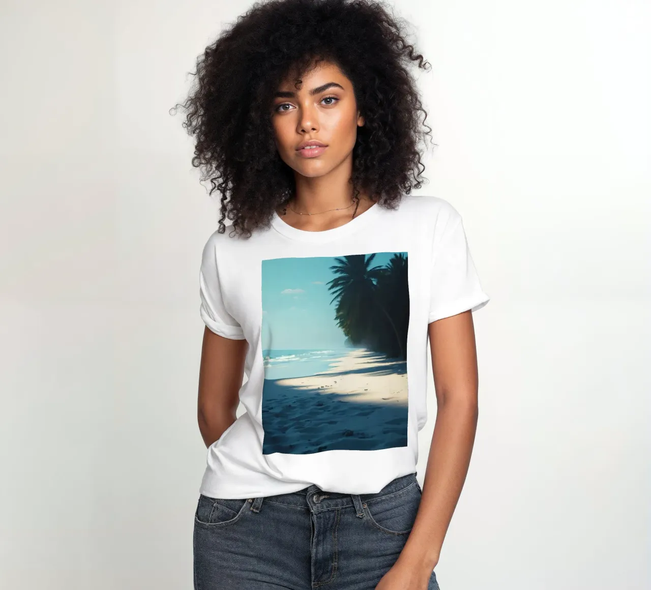 Serene beach with palm trees and gentle waves under a clear women's fitted t-shirt by DesignDoodle