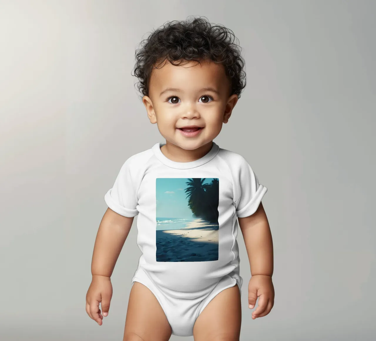 Serene beach with palm trees and gentle waves under a clear short-sleeve baby romper by DesignDoodle