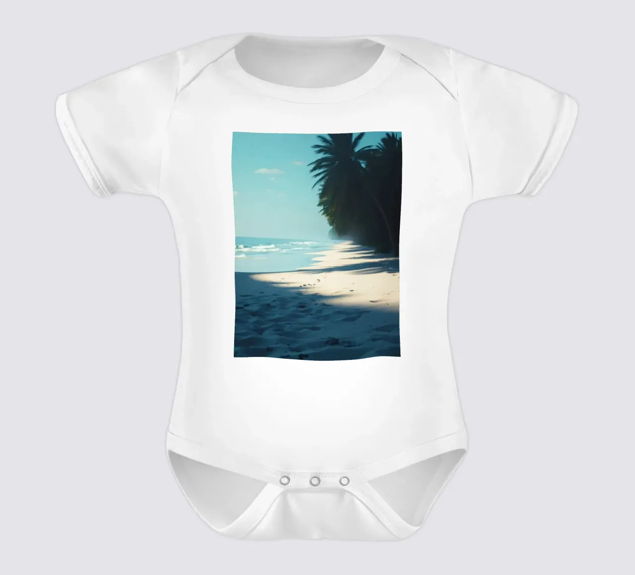 Serene beach with palm trees and gentle waves under a clear short-sleeve baby romper by DesignDoodle