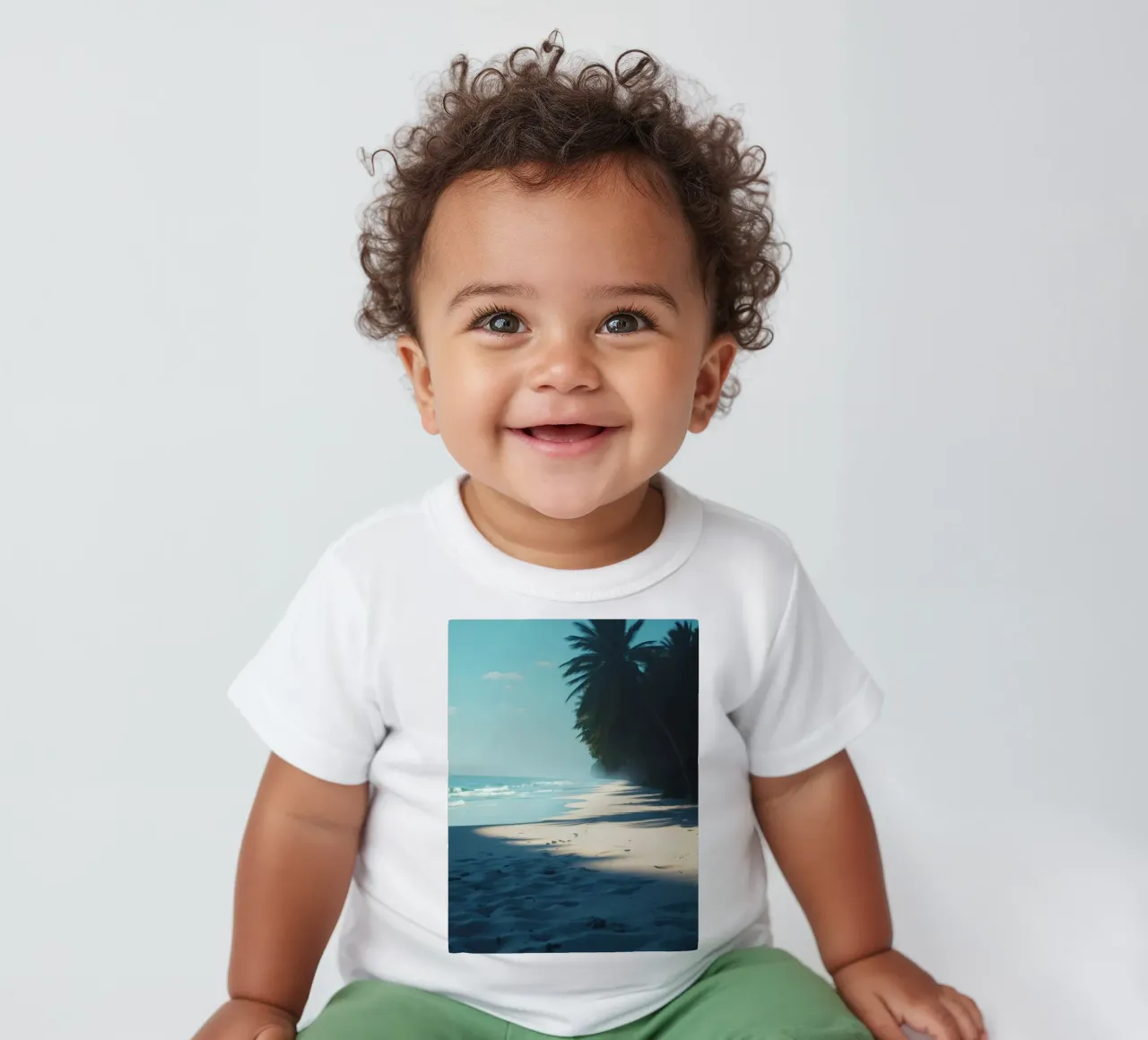 Serene beach with palm trees and gentle waves under a clear baby t-shirt by DesignDoodle