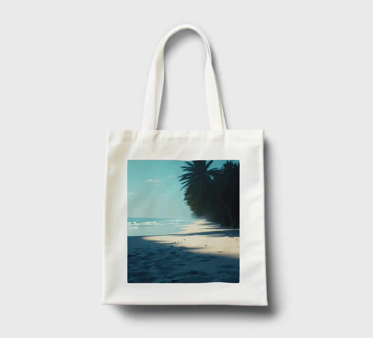 Serene beach with palm trees and gentle waves under a clear tote bag by DesignDoodle