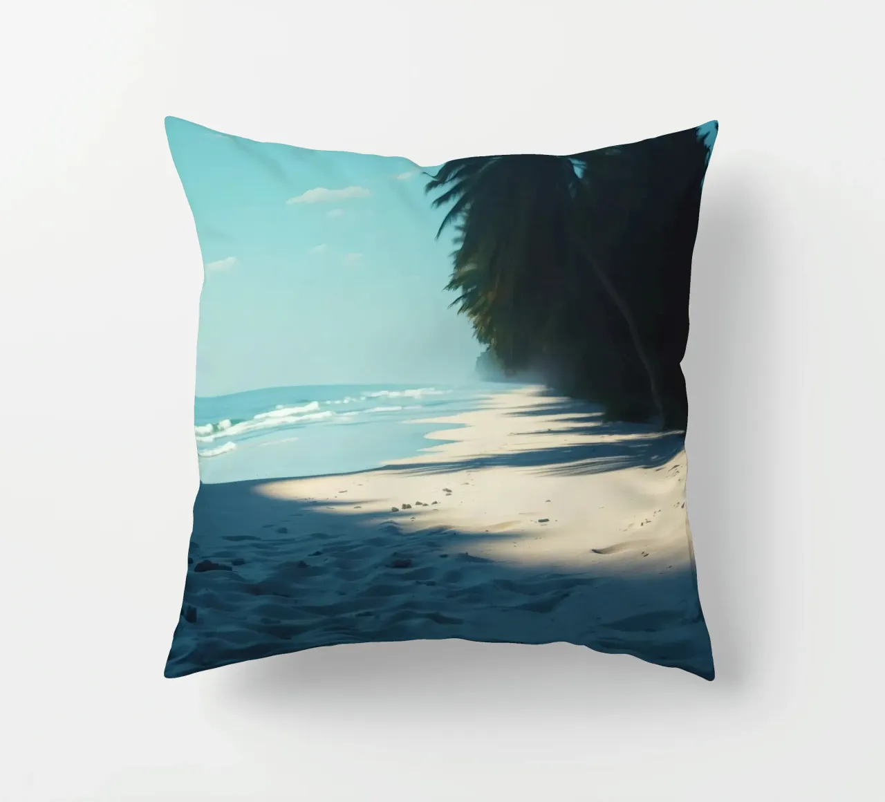 Serene beach with palm trees and gentle waves under a clear decorative cushion by DesignDoodle