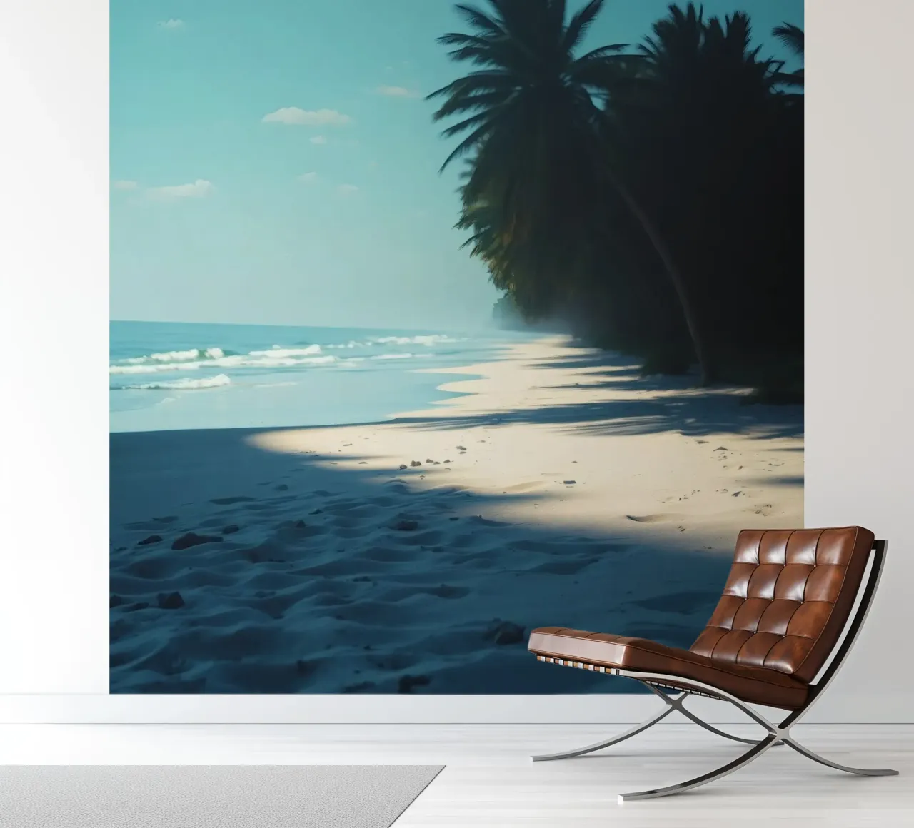 Serene beach with palm trees and gentle waves under a clear photo wallpaper by DesignDoodle
