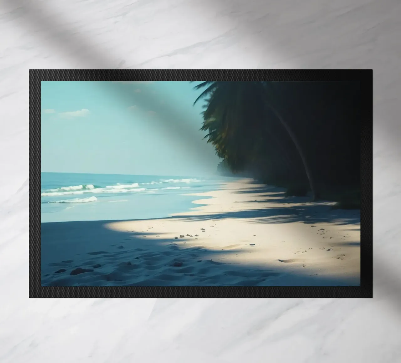 Serene beach with palm trees and gentle waves under a clear doormat by DesignDoodle