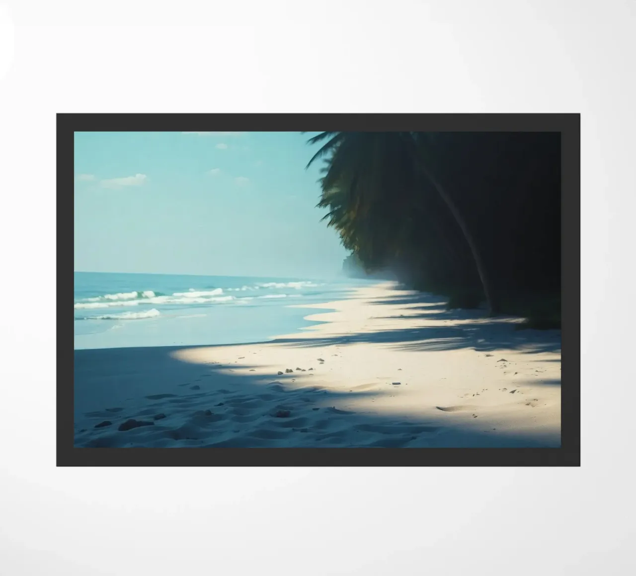 Serene beach with palm trees and gentle waves under a clear doormat by DesignDoodle
