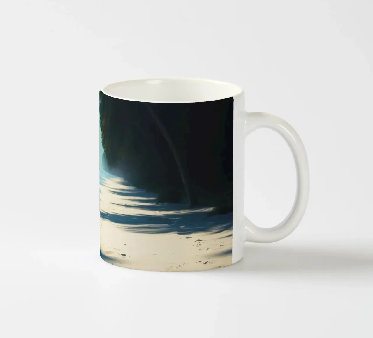 Serene beach with palm trees and gentle waves under a clear ceramic mug by DesignDoodle