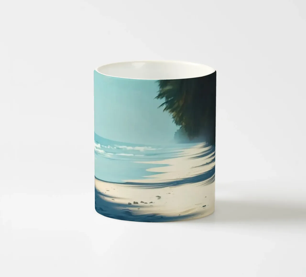 Serene beach with palm trees and gentle waves under a clear ceramic mug by DesignDoodle