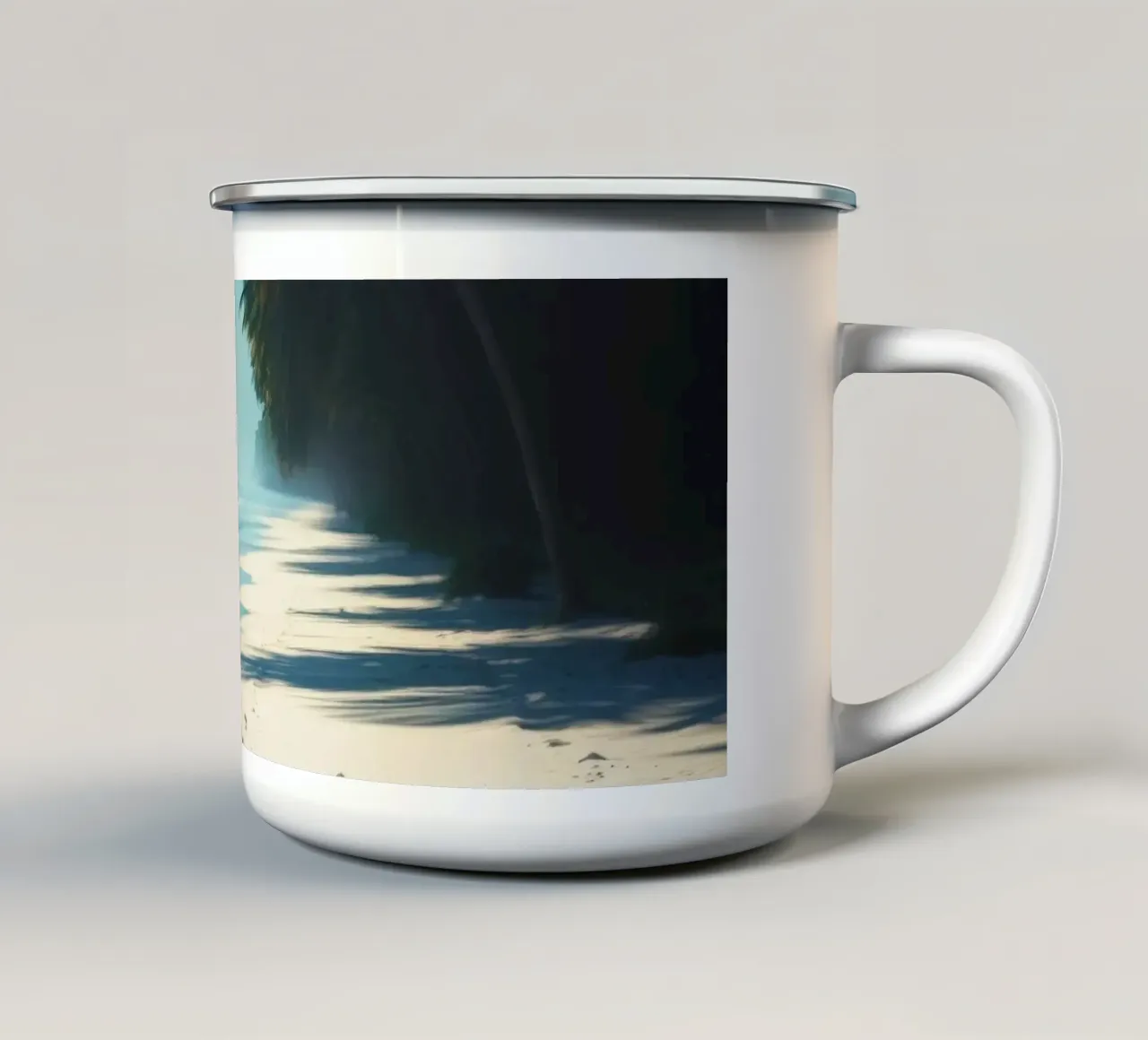 Serene beach with palm trees and gentle waves under a clear enamel mug by DesignDoodle
