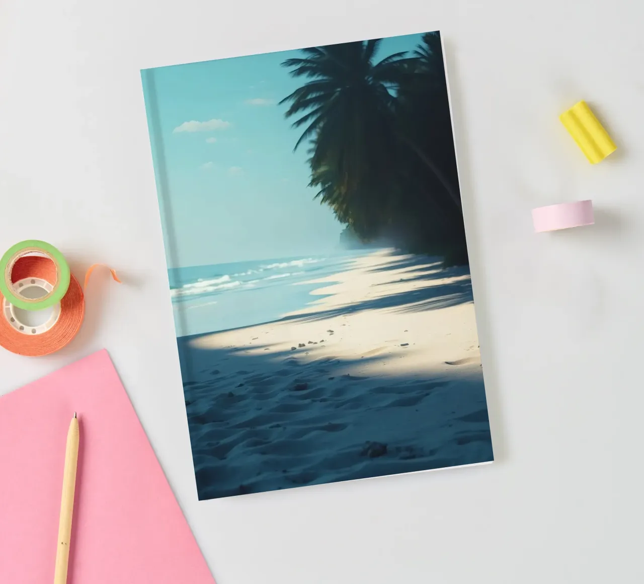 Serene beach with palm trees and gentle waves under a clear notebook by DesignDoodle