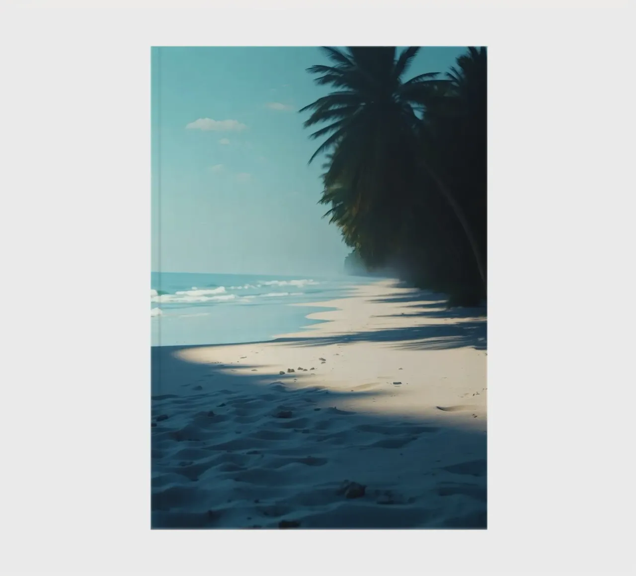 Serene beach with palm trees and gentle waves under a clear notebook by DesignDoodle