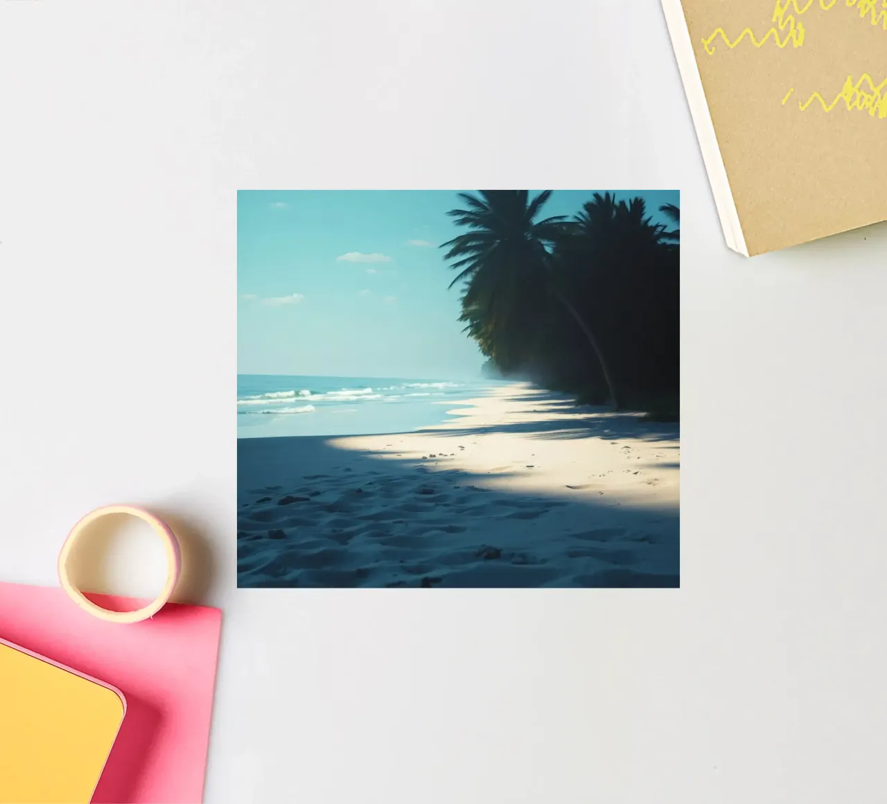 Serene beach with palm trees and gentle waves under a clear sticker by DesignDoodle