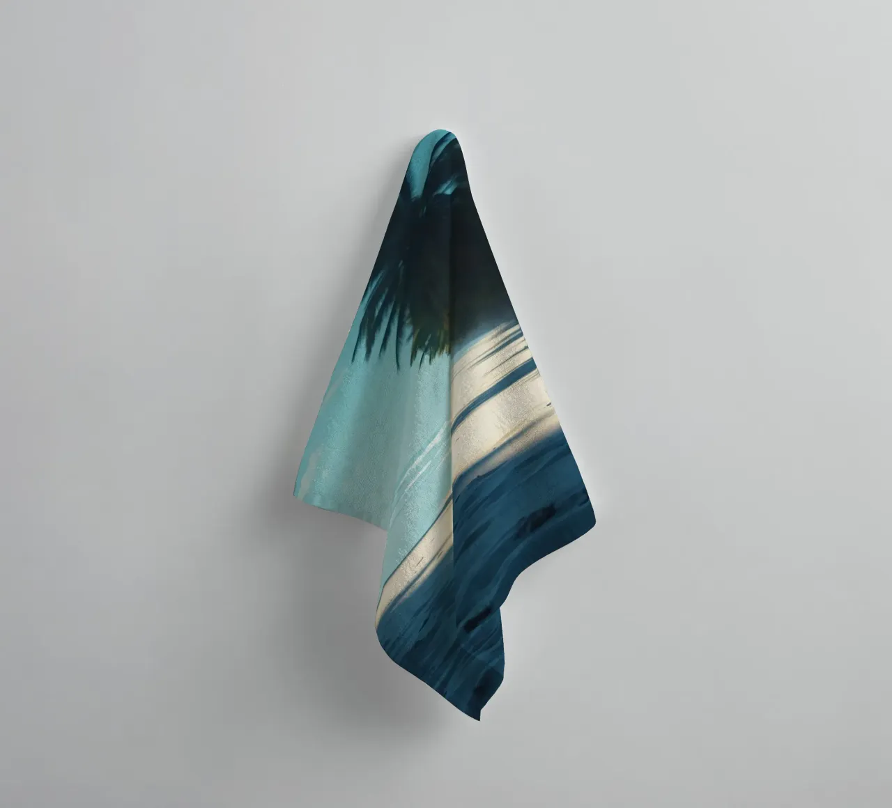 Serene beach with palm trees and gentle waves under a clear towel by DesignDoodle