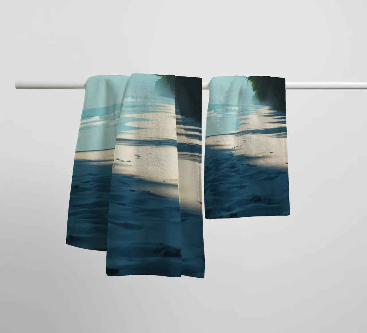 Serene beach with palm trees and gentle waves under a clear towel by DesignDoodle