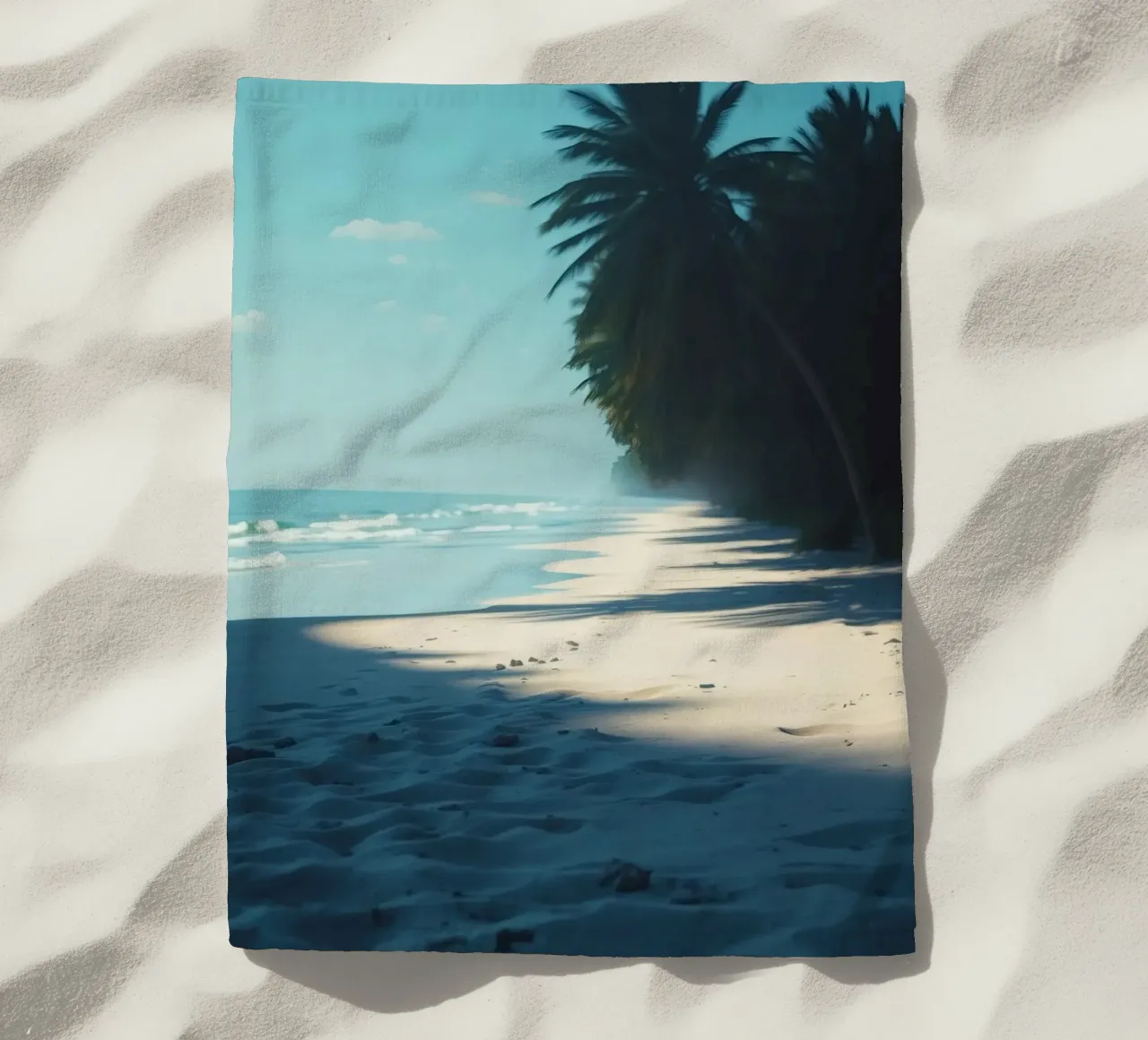 Serene beach with palm trees and gentle waves under a clear beach towel by DesignDoodle