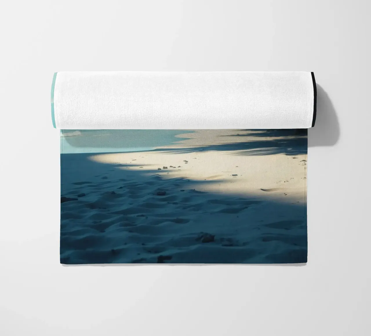 Serene beach with palm trees and gentle waves under a clear beach towel by DesignDoodle
