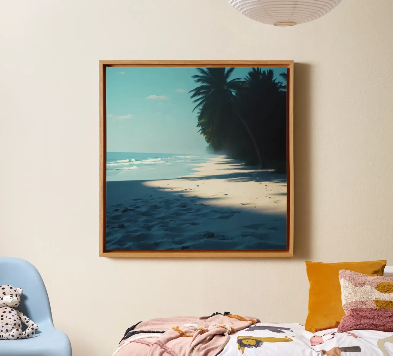 Serene beach with palm trees and gentle waves under a clear canvas by DesignDoodle