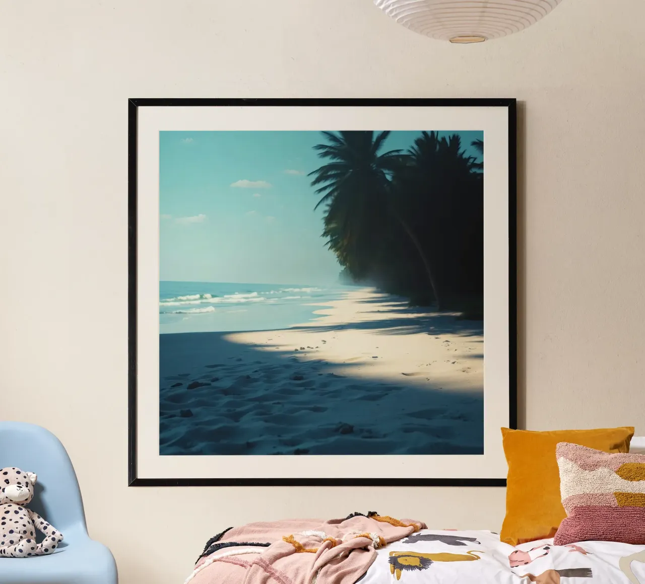 Serene beach with palm trees and gentle waves under a clear hahnemühle by DesignDoodle