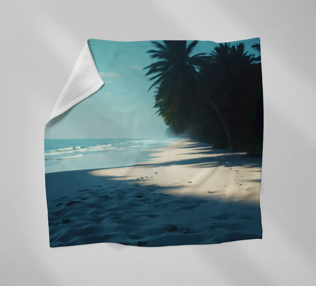 Serene beach with palm trees and gentle waves under a clear fleece blanket by DesignDoodle