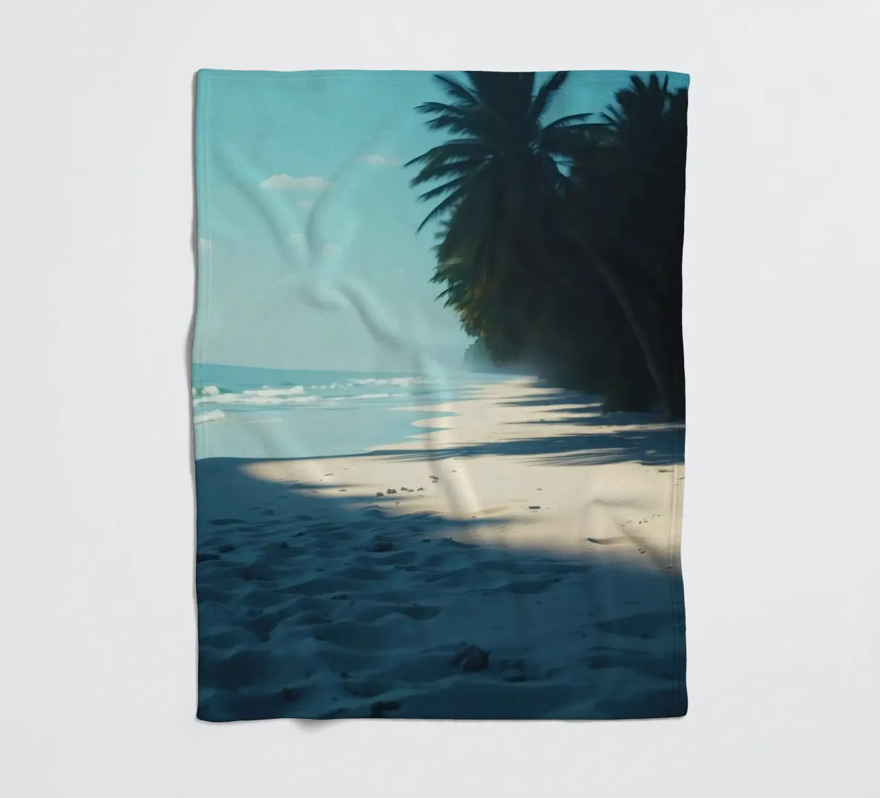 Serene beach with palm trees and gentle waves under a clear fleece blanket by DesignDoodle