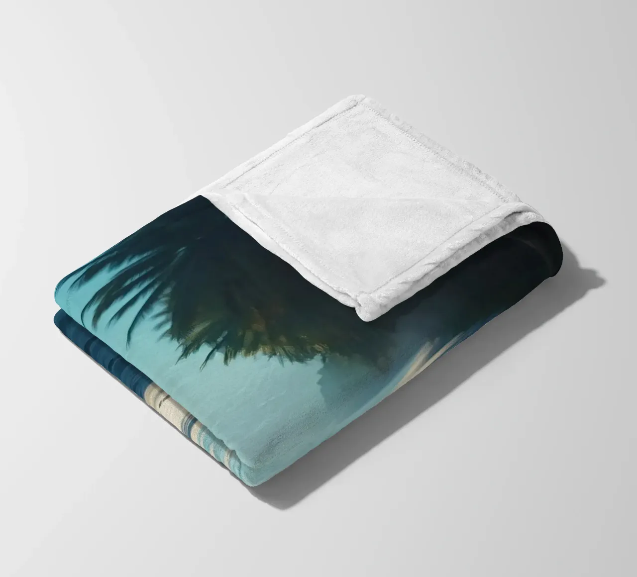Serene beach with palm trees and gentle waves under a clear fleece blanket by DesignDoodle
