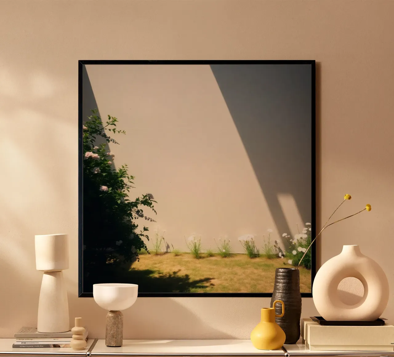 Zonlicht werpt dramatische schaduwen op een tuin met bloeiende bloemen hahnemühle van DesignDoodle