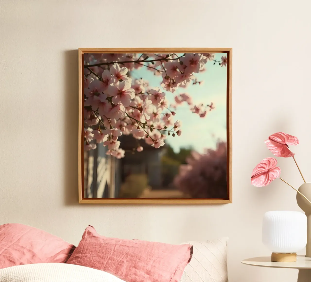 Cherry blossoms bloom in spring against a soft backdrop canvas with Floater frame by DesignDoodle