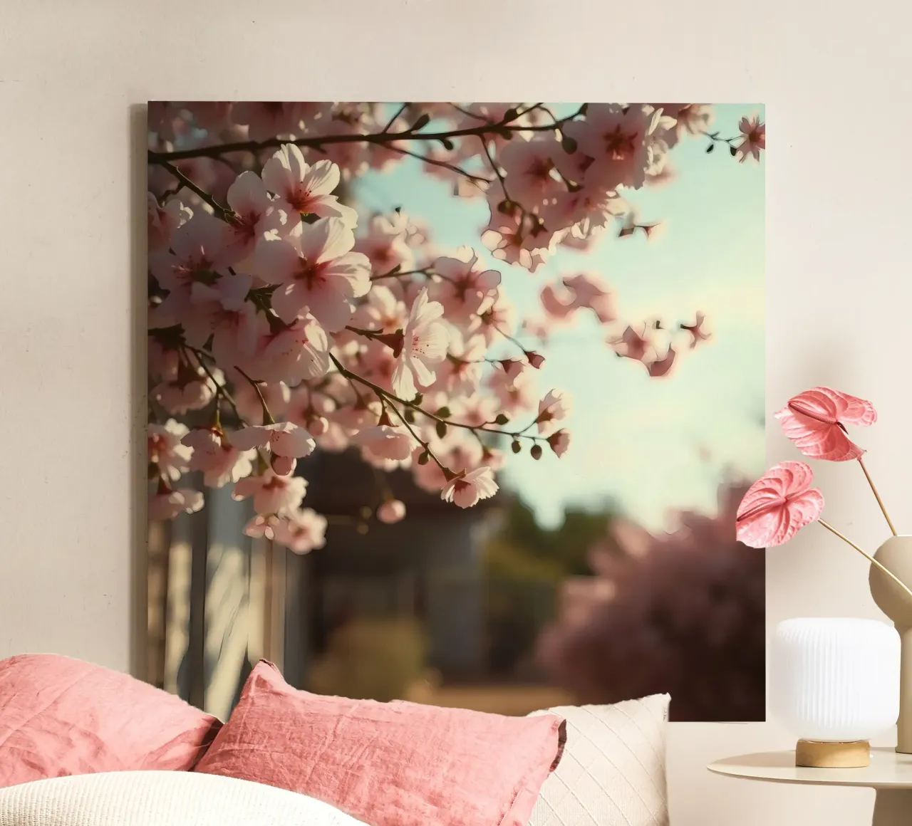 Cherry blossoms bloom in spring against a soft backdrop canvas with Floater frame by DesignDoodle