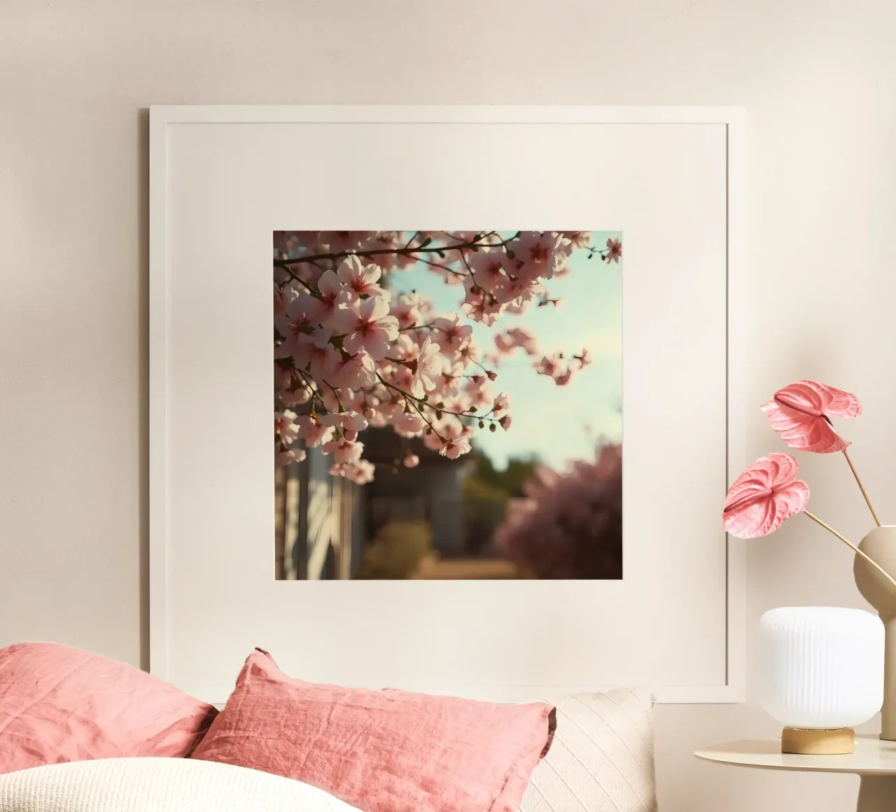 Los cerezos florecen en primavera con un suave telón de fondo poster de DesignDoodle