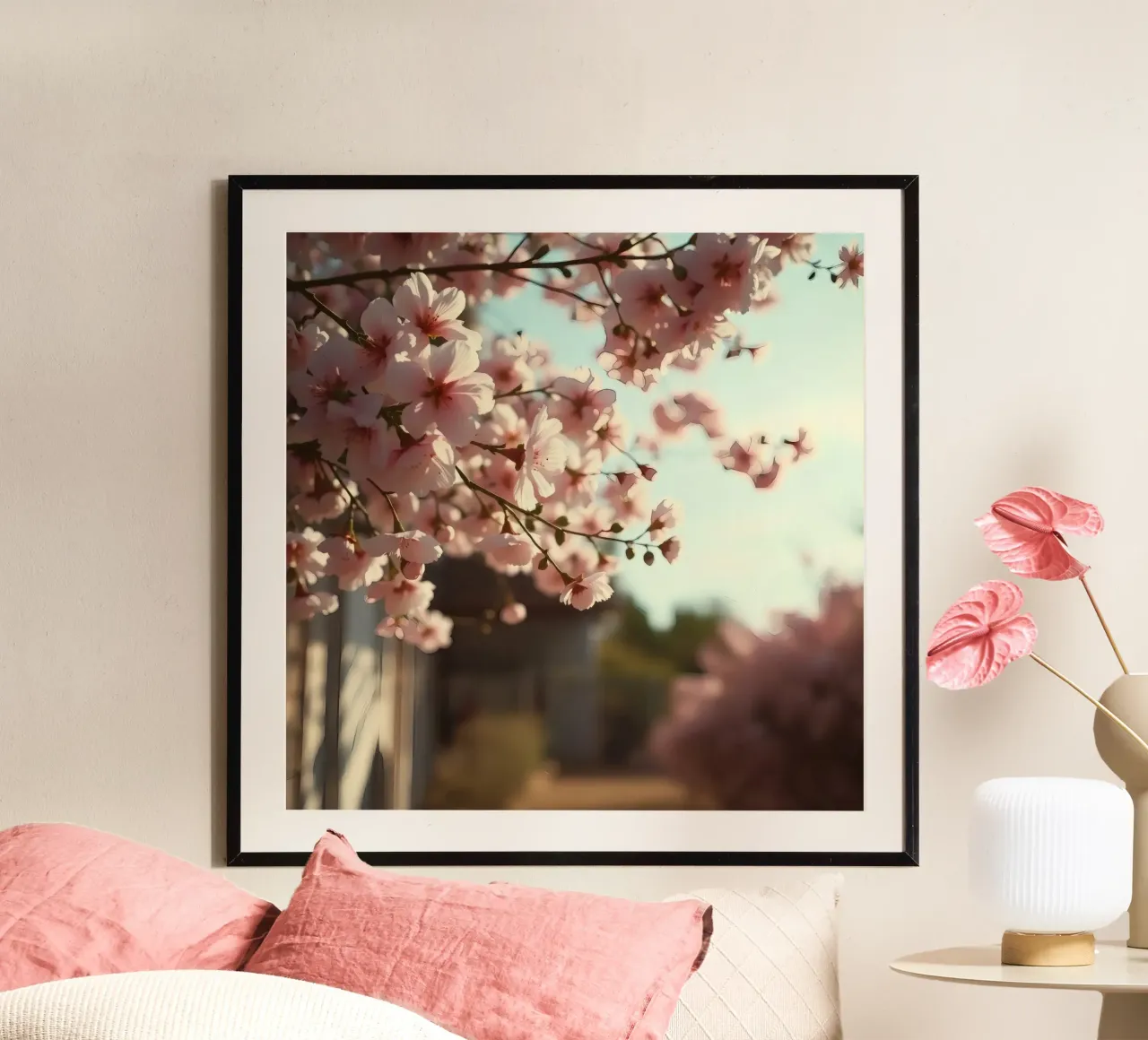 Los cerezos florecen en primavera con un suave telón de fondo poster de DesignDoodle