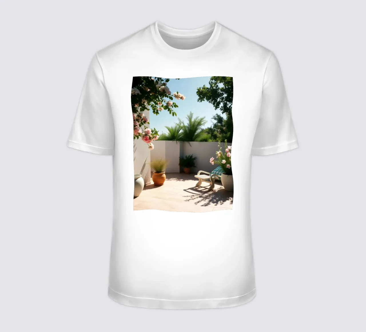 Luminoso e tranquillo patio esterno ornato di fiori in fiore t-shirt da DesignDoodle
