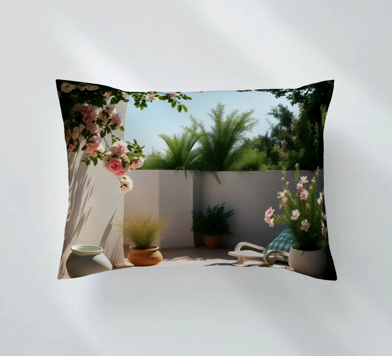 Luminoso e tranquillo patio esterno ornato di fiori in fiore cuscino da DesignDoodle