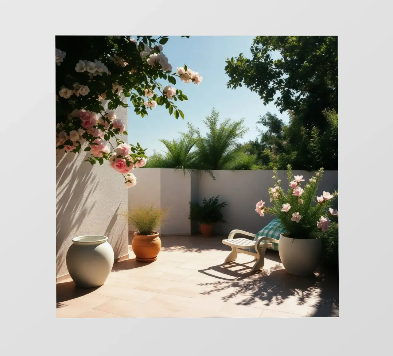 Luminoso e tranquillo patio esterno ornato di fiori in fiore telo in pvc da DesignDoodle