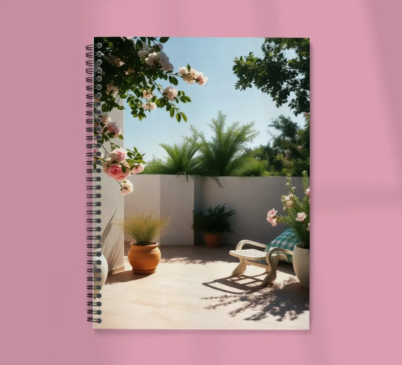 Bright tranquil outdoor patio adorned with blooming flower spiral notebook by DesignDoodle