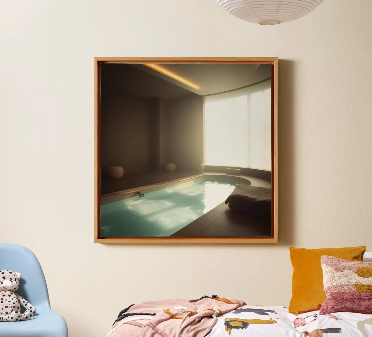 Relaxation space with indoor pool and natural light canvas with Floater frame by DesignDoodle