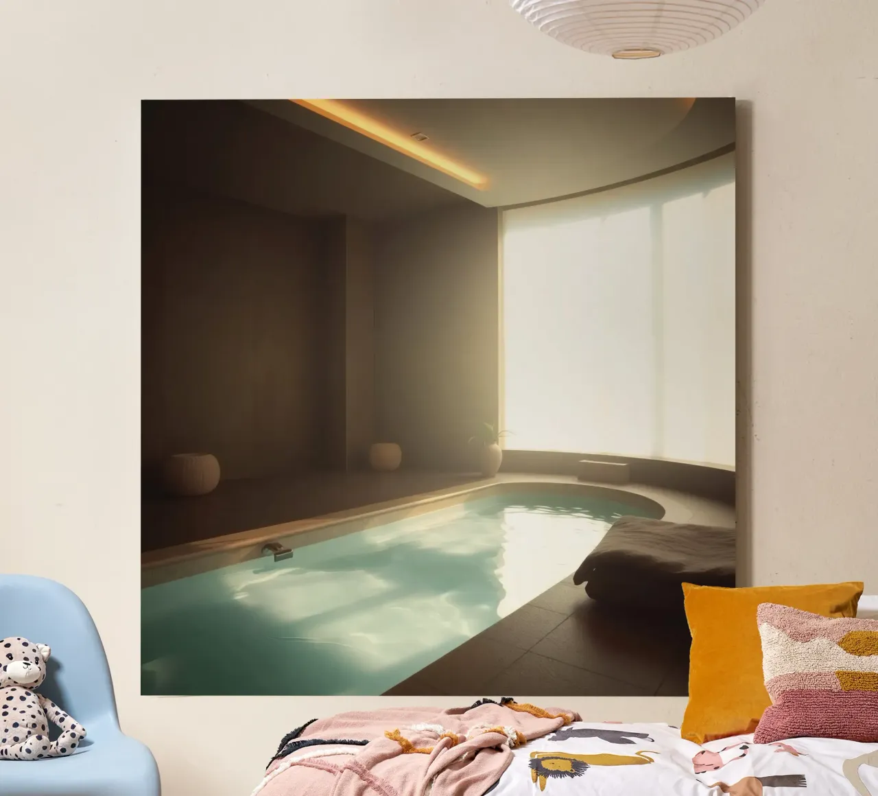 Relaxation space with indoor pool and natural light canvas with Floater frame by DesignDoodle