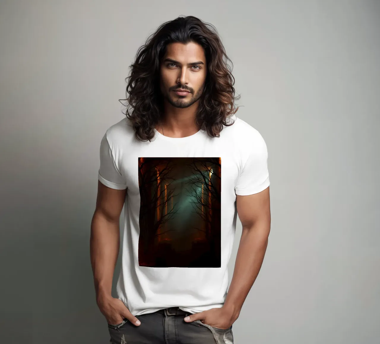Mysterious forest with fog and glowing lights offering an ab t-shirt by DesignDoodle