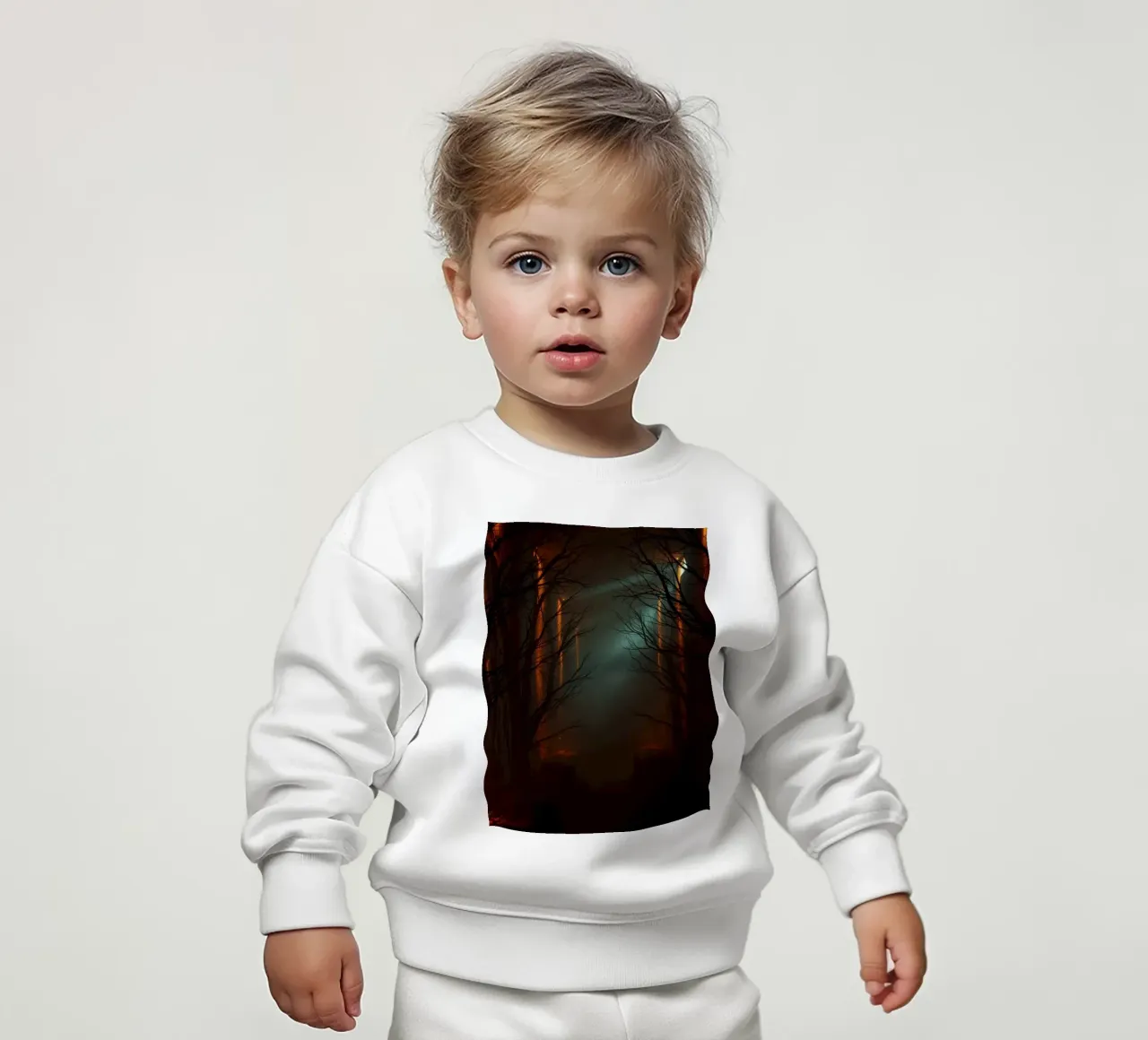 Mysterious forest with fog and glowing lights offering an ab baby sweatshirt by DesignDoodle