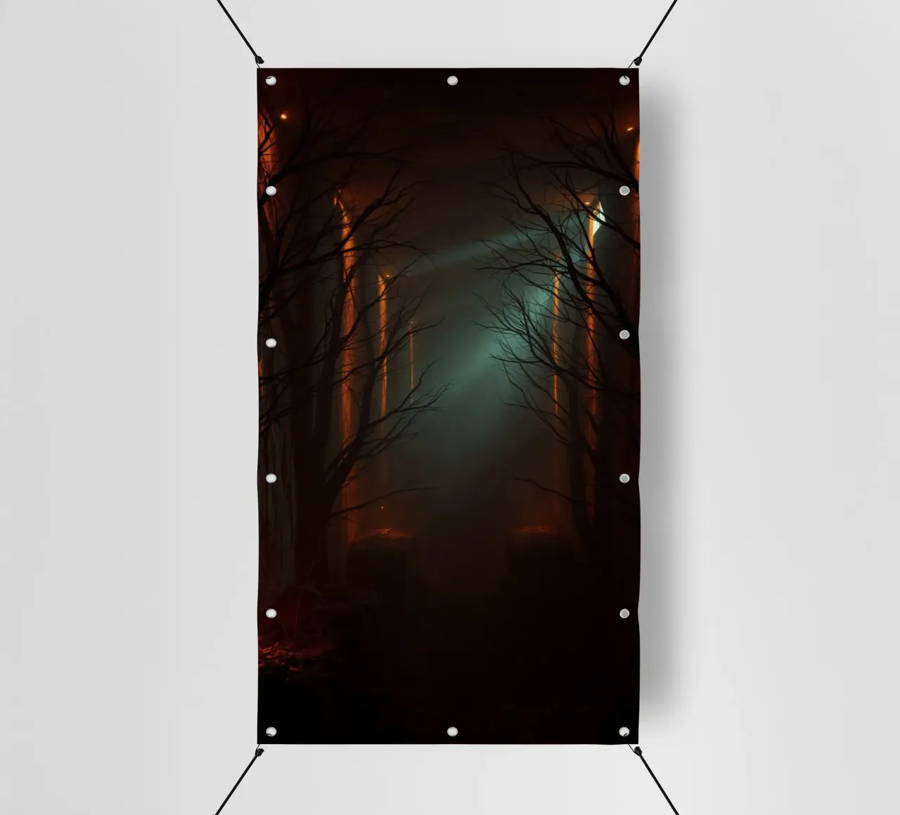 Foresta misteriosa con nebbia e luci incandescenti che offre un'esperienza ab telo in pvc da DesignDoodle