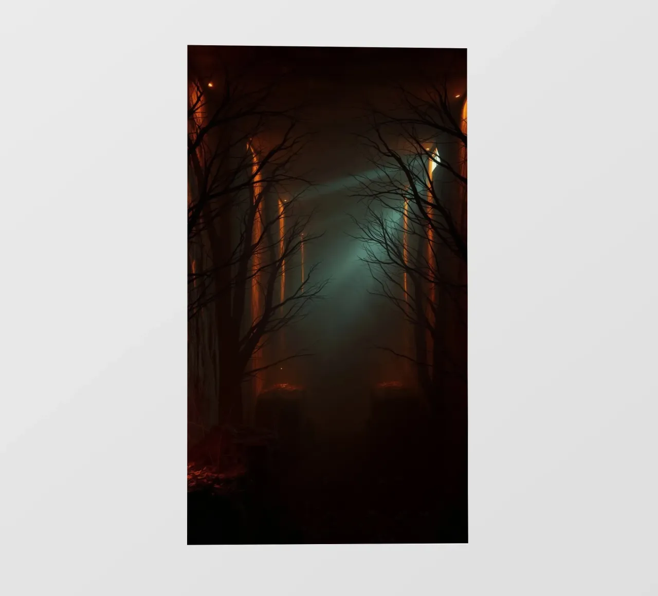 Foresta misteriosa con nebbia e luci incandescenti che offre un'esperienza ab telo in pvc da DesignDoodle