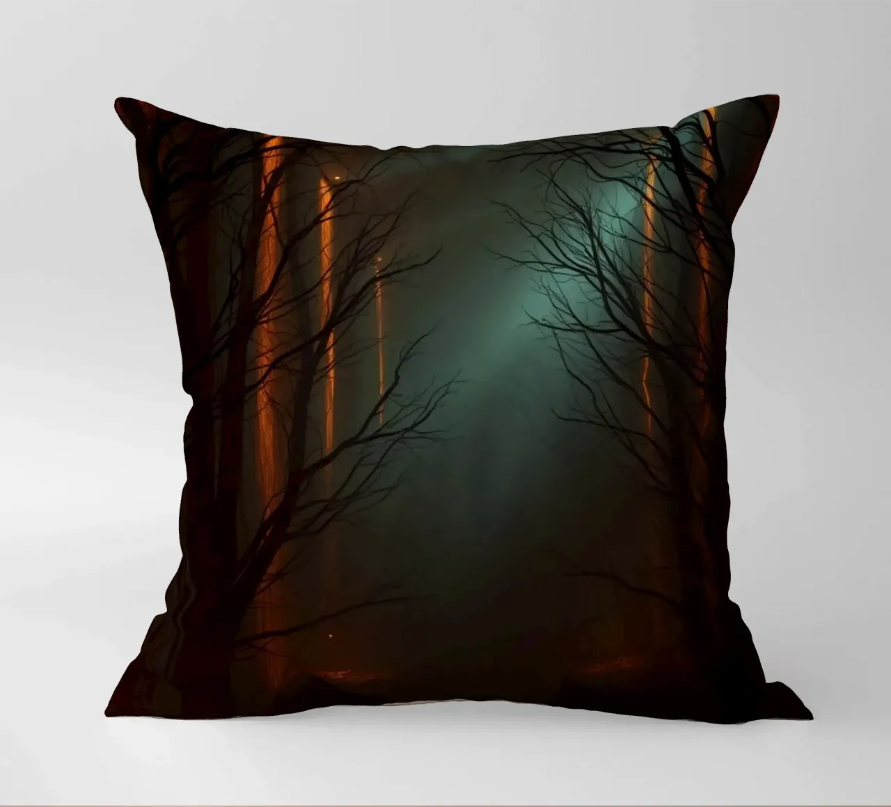 Mysterious forest with fog and glowing lights offering an ab decorative cushion by DesignDoodle