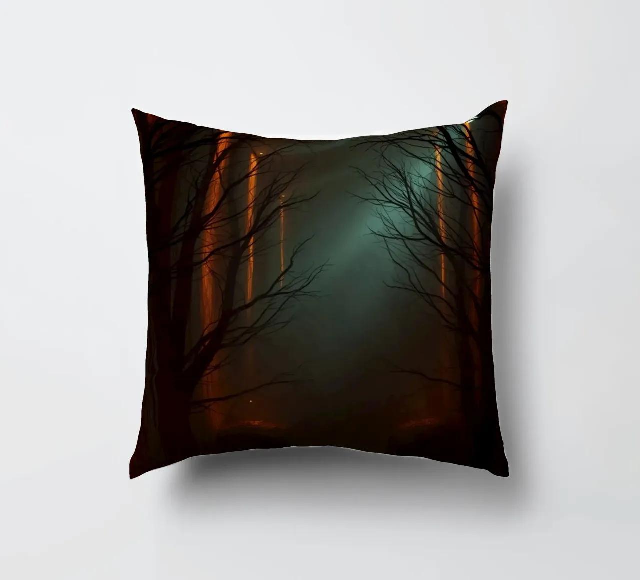 Mysterious forest with fog and glowing lights offering an ab decorative cushion by DesignDoodle