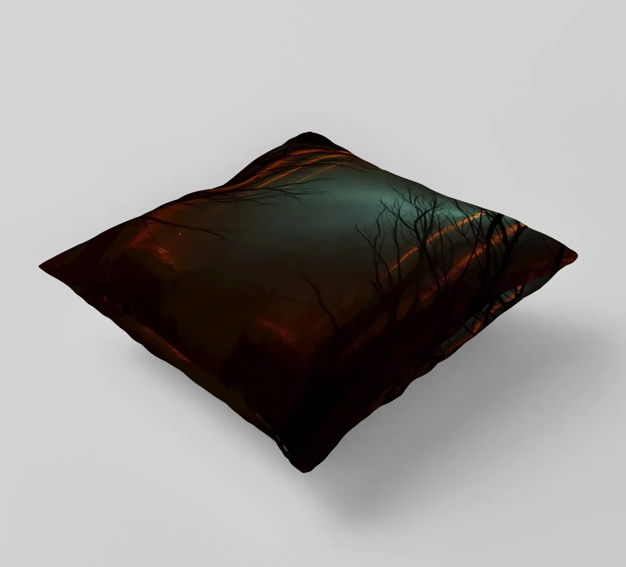 Mysterious forest with fog and glowing lights offering an ab decorative cushion by DesignDoodle