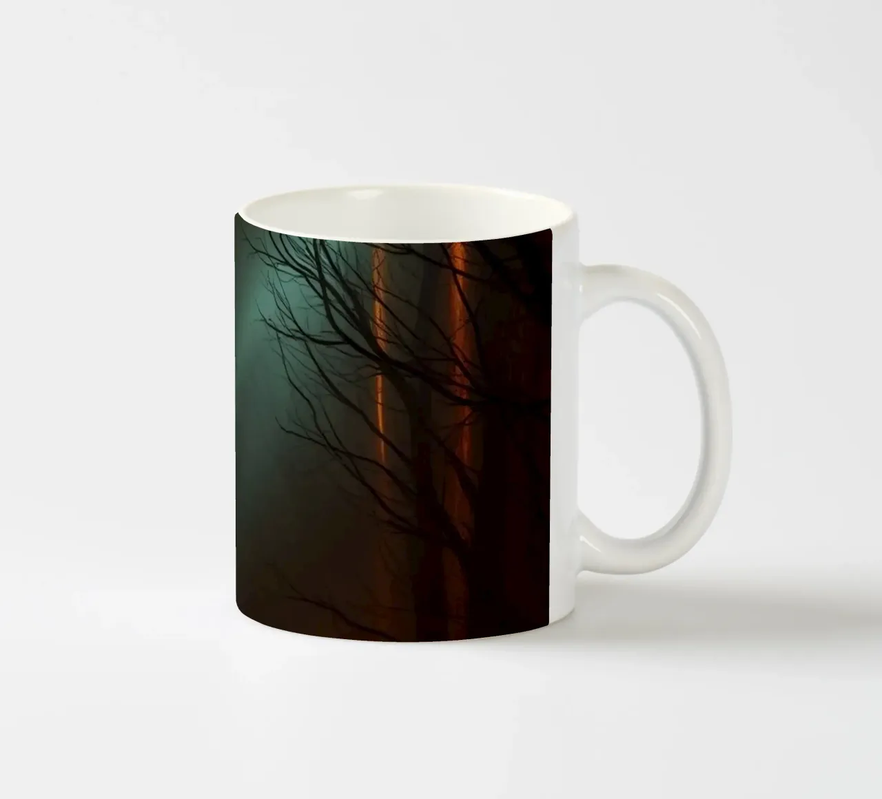 Mysterious forest with fog and glowing lights offering an ab ceramic mug by DesignDoodle
