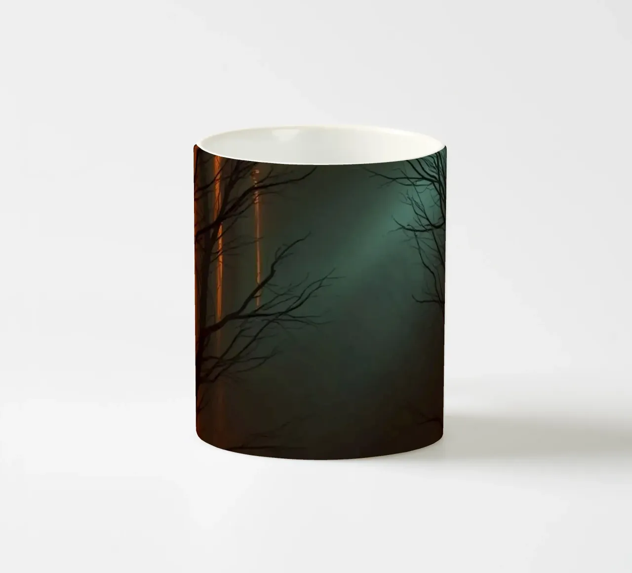 Mysterious forest with fog and glowing lights offering an ab ceramic mug by DesignDoodle